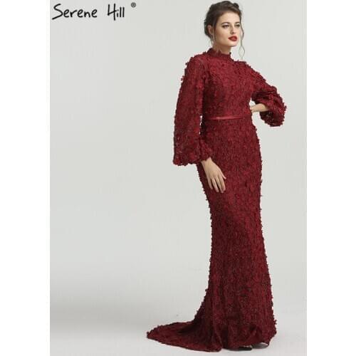 Handmade Flowers Pearls Long Sleeves Mermaid Evening Dresses Luxury Elegant Evening Gowns 2020 Serene Hill Plus Size BLA6293