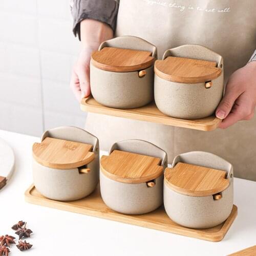 Japanese ceramic bamboo lid seasoning can seasoning box kitchen seasoning storage can restaurant household salt
