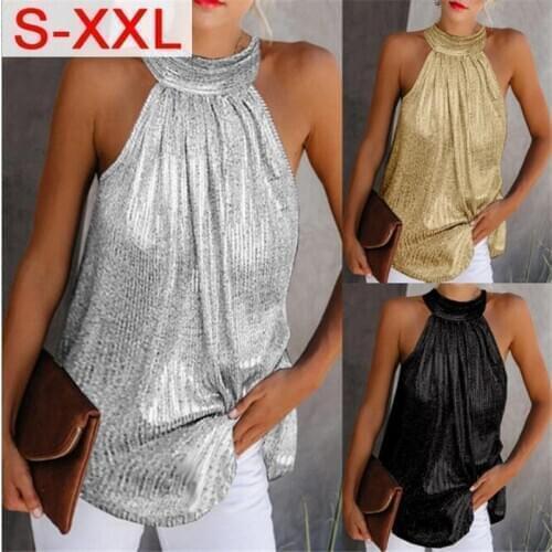 Womens Fashion Shiny Halter Neck Tank Tops Vest Ladies Summer Casual Solid Color Sleeveless T Shirt Blouse Black Gold Silver