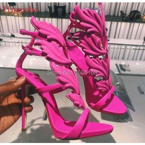 Vinapobo Summer Women High Heels Gold Winged Leaves Cut-out Stilettos Gladiator Sandals Flame Party High heel Sandal Shoes Woman