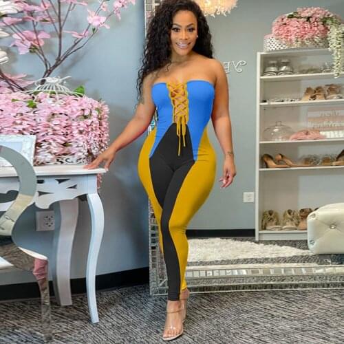 Sexy Patchwork Strapless Corset Bodycon Jumpsuit Women Party Club Lace Up Hollow Out Rompers Womens Jumpsuit Female Overalls