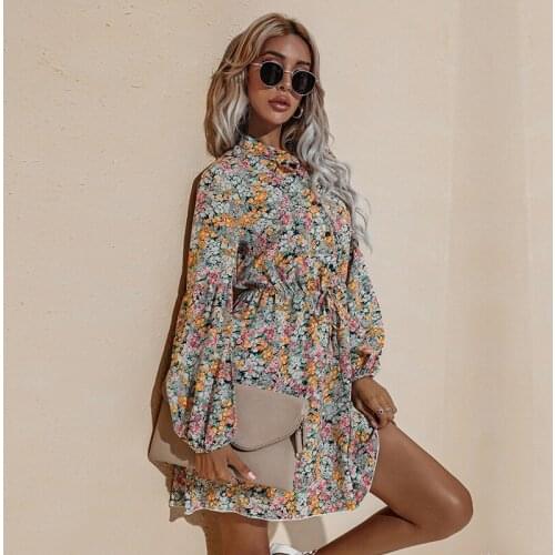 Ladies V Neck Floral Dress Autumn Print Long Sleeve Lace-Up Botton Beach Dress Chiffon Women Elegant A-Line Party Vestidos 2021