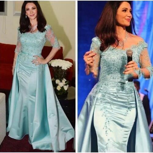 2021 Lace Beaded Mermaid 2 In 1 Evening Dresses Half Sleeves Scoop Neck Zipper Back Detachable Skirt Formal Prom Party Gowns