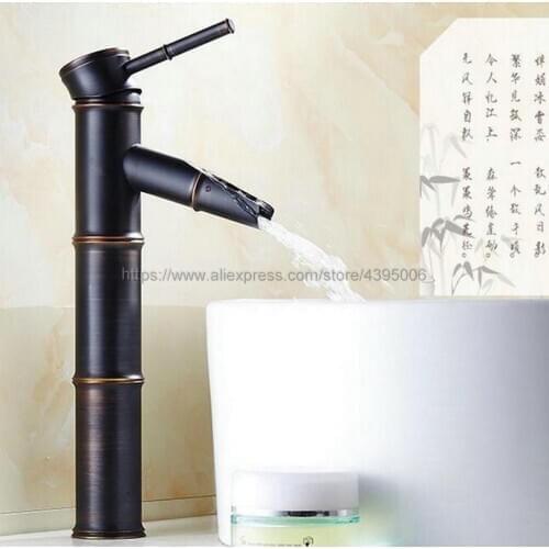 Oil Rubbed Bronze Bathroom Basin Faucets Waterfall Sink Faucet Vessel Tall Bamboo Single Holder Single Hole Water Tap Bnf053
