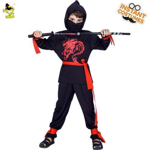 Black Hooded Ninja Costumes with Dragon Printed Kids Cool Fancy Dress Boys Clothes for Halloween Party Outfits