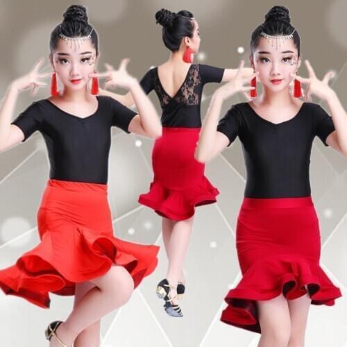 Girl Child Children Modern Ballroom Latin Dance Dress Red Salsa Dance Tango Dance Dress Black Stage Performance