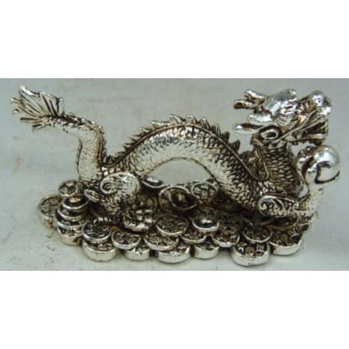 Collection Chinese Folk Old Handwork Fortuna Tibetan silver Dragon Statue