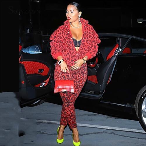 Fashion Leopard 2 Piece Matching Outfit Women Fall Winter Streetwear Jacket Pants Sets Casual Animal Print Red Blue Club Clothes