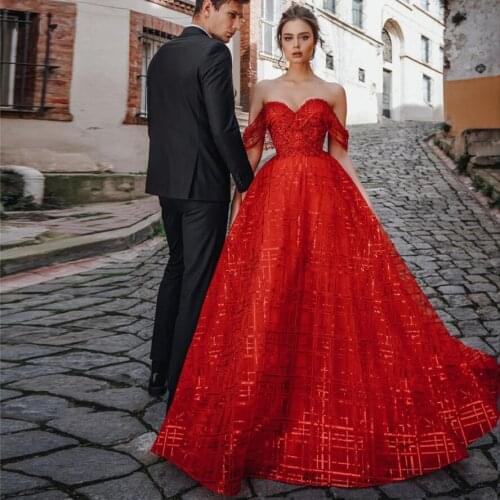 Pretty Red Shiny Sequined A-line Prom Dresses Lace Beaded Long Prom Gowns Engagement Formal Dresses Woman Party Night