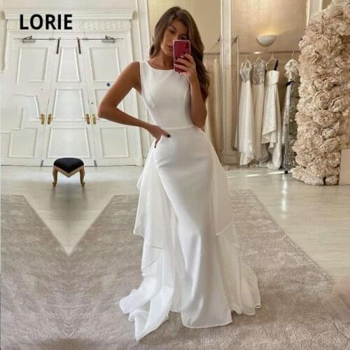 LORIE Elegant Simple Wedding Dresses O-Neck Mermaid Wedding Gown with Detachable Train Soft Satin Wedding Party Bride Dress 2021
