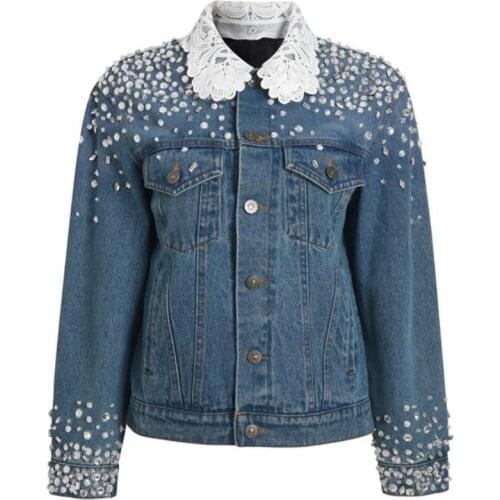 Fashion Womens Spring Autumn Diamond-Studded Stitching Lace Denim Jacket Lapel Long Sleeve Single Breasted Jean Coat Female