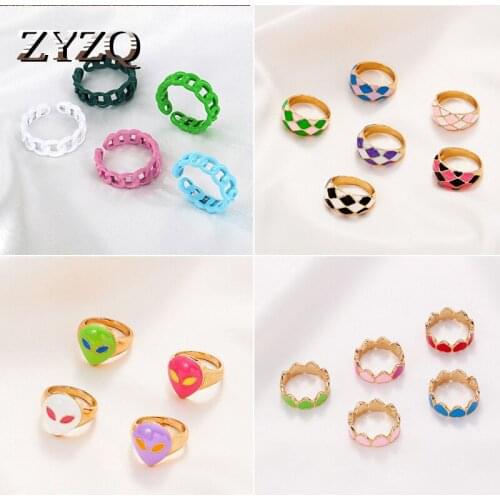 ZYZQ Fashion Rings for Women Simple Sweet Dripping Oil Enamel Heart Ring Couple Jewelry Ins Multicolor Big Size Rings Wholesale