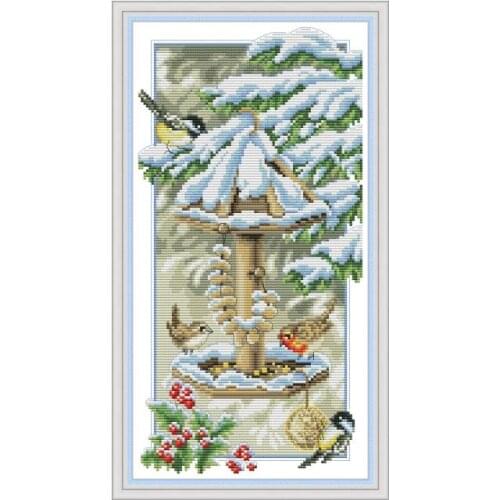 Birds enjoying the cold winter cross stitch kit aida 14ct 11ct count print canvas cross stitches needlework embroidery handmade