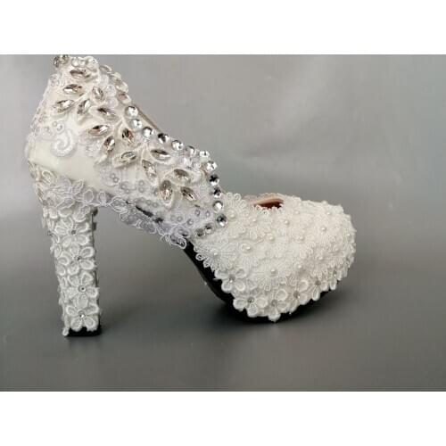 New arrival white lace silver rhinestones wedding shoes bride sweet lace pearl ankle buckle straps super high-heeled bridal pump