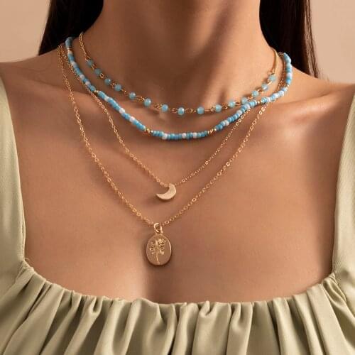 Ingemark Boho Vintage Oval Flower Moon Pendant Necklaces for Women Femme Goth Blue Bead Choker Necklace Fashion Jewelry Party