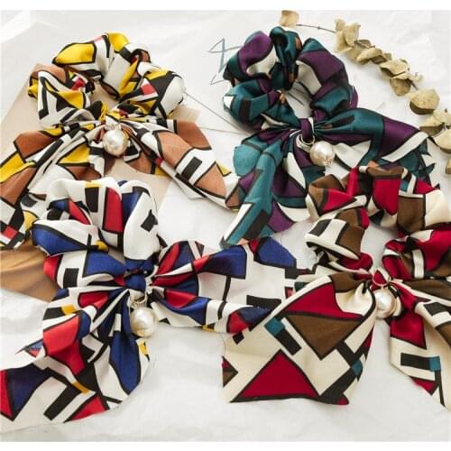 Classic Vintage Bow Pearl Scarf Hair Scrunchies Geometric Print Stitching Elastic Hair Tie Rope For Women Hair Band Accessories