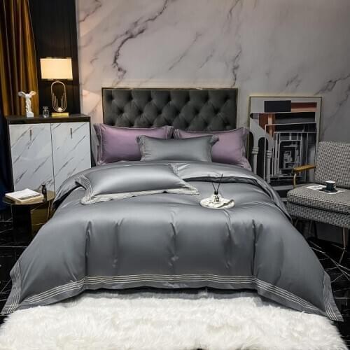 Luxurious Soft 1000TC Egyptian Cotton Gray Duvet cover set with Chic Linen Embroidery Hotel Bedding set Bed Sheet Pillowcases