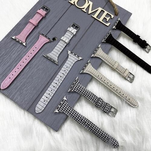 Pink Leather Strap For Apple Watch 6 Band For iWatch Series SE 5 4 3 2 1 Watch Bands 44mm For Women Slim Watch Strap Replacement