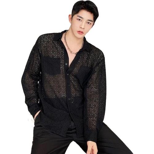 New Summer Autunm Men Shirts Casual Hollow Out Hole Lace Mesh Beach Youth Elegance Male Clothing