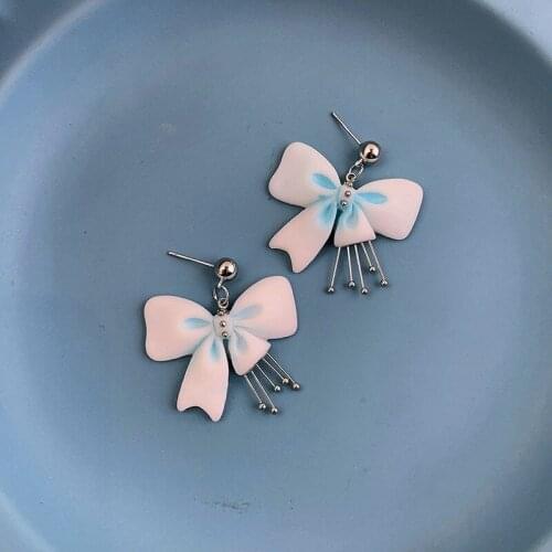 VSnow Korean Fashion Arcylic White Bowknot Dangle Earring for Women Charming Metallic Round Ball Earring Jewellery Pendientes