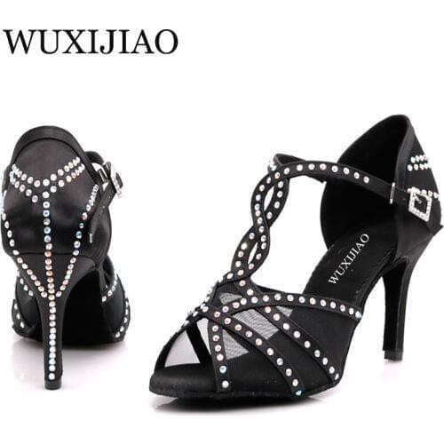 WUXIJIAOLatin dance shoes womens dinner dance shoes bronze skin black satin mesh shiny rhinestones salsa shoes high heels 9 cm