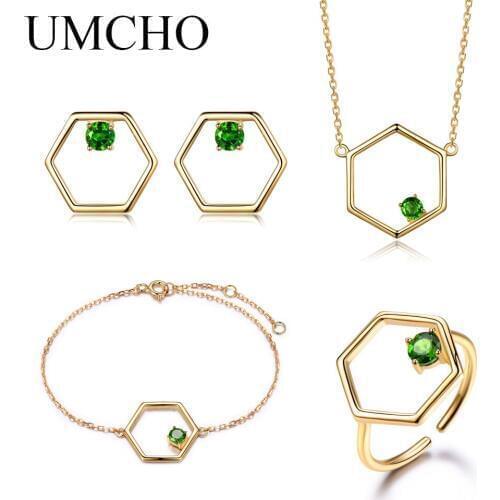UMCHO Natural Diopside Gemstone Jewelry Set Real 925 Sterling Silver Necklace Ring Earrings Bracelet For Women Fine Jewelry