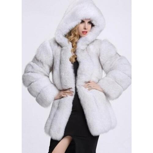 Winter Fall Fashion Womens Silver Black White Fur Outerwear Coat with A Hood , Woman Elegant Warm Thick Hooded Coats Jackets