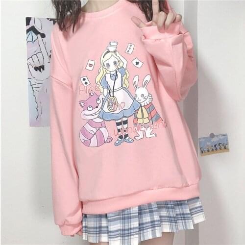 Cute Alice Fairytale Sweet Girl Womens Loose Long Sleeve Shirt Winter Sweatshirt Pink & Yellow 2020 Fall