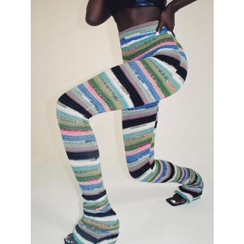 Tossy Colorful Striped Knitted Stacked Leggings Women High Waist Casual Pants Streetwear Fall 2021 Sexy Extra Long Trousers