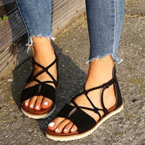 LLOGAI 2021 New Women Sandals Leopard Printed Cross Tied Zipper Falt Shoes Ladies Non-slip Leisure Gladiator Summer Female Shoes