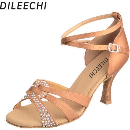 DILEECHI brand Black satin rhinestones bronze Latin dance shoes female adult high heeled womens Square dance shoes