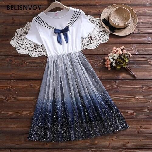 Japanese Summer Kawaii Bow Women Sundress Sequins Stars Mesh Patchwork Fake Dress Girls Fairy Gradient Starry Sky Pleated Dress