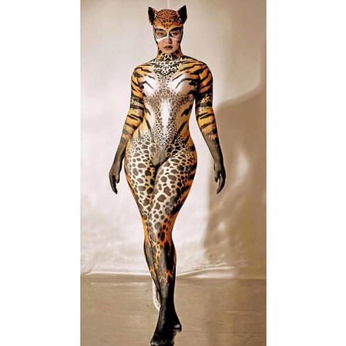 Halloween Lady Wear Womens Fashion Cat Pattern Bodysuits Body Long Sleeve Cat Role Playing Costumes Zipper Stretch Jumpsuit