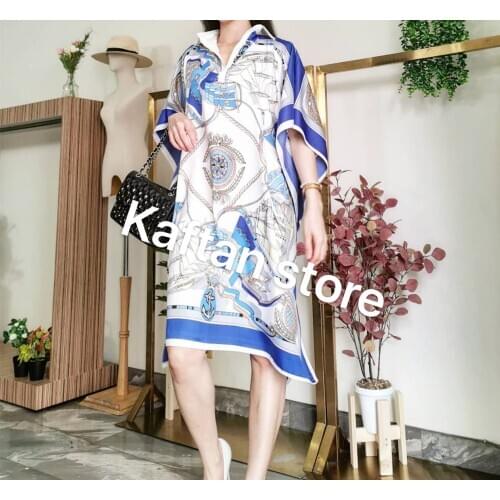 Elegant Collar 2021 Summer Printed Thailand Summer Silk Sexy Lady Midi Dresses Fashion Muslim Women Dress