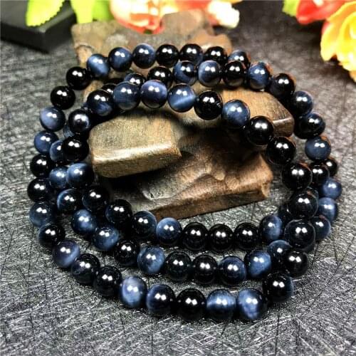 6mm Natural Blue Tigers Eye Bracelet For Women Men Healing Luck Gift Crystal 3 Laps Round Beads Gemstone Strands Jewelry AAAAA