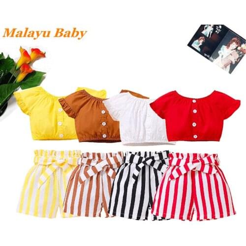 Malayu Baby Child Clothing Set Girls Ruffle Shorts Tops Striped Bow Shorts 2 Pcs/Suit 2021 Summer New Kids Costume 2-6 Years
