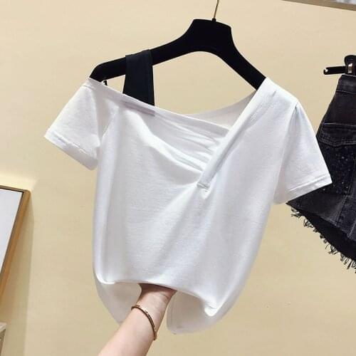 Europe summer Short Sleeves off shoulder T Shirt Top Female Tshirt Loose Sexy Women Fashion T-Shirt white off shoulder top