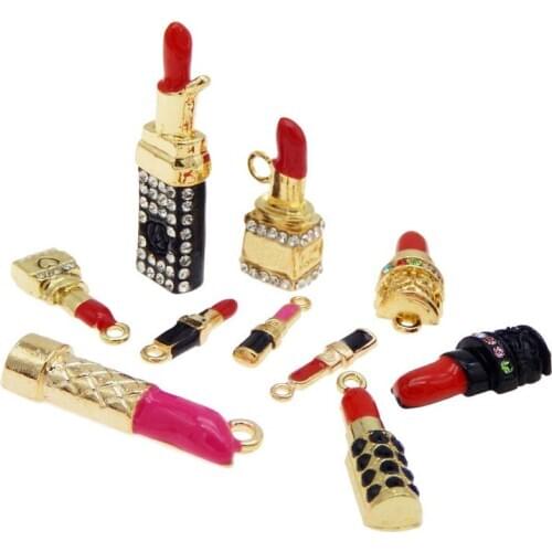 Julie Wang 10PCS Mixed Enamel Lipstick Charms Rhinestones Alloy Gold Tone Necklace Bracelet Jewelry Making Accessory