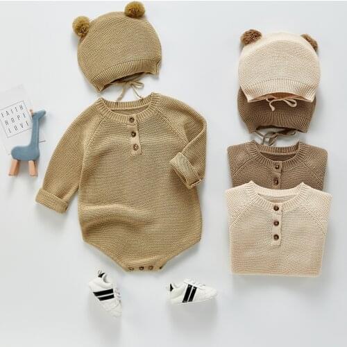 Newborn Infant Baby Boys Girls Knitted Long Sleeve Romper + Fur Ball Hat Outfits Cotton Solid Toddler Sweater Jumpsuit Clothes