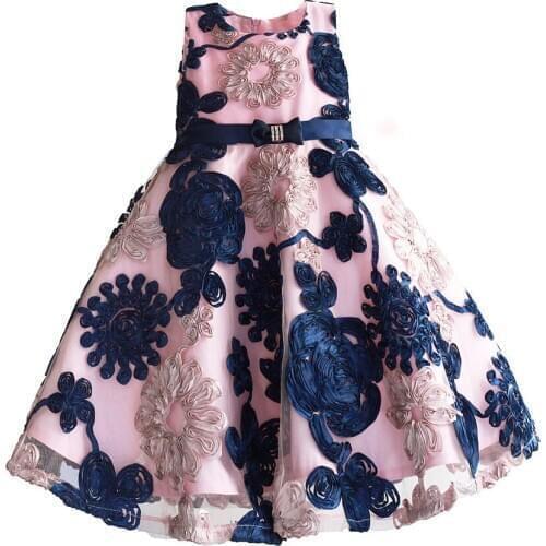Ribbon Flowers Kids Dresses for Girls Princess Pink Lining Clothes Baby Children Costume for Kids Size 3-8T