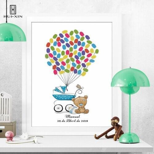 Lovely Blue Baby Car Free Custom Name And Date Canvas Fingerprint DIY Signature Guestbook For Birthday Party Boys Baptism Gift