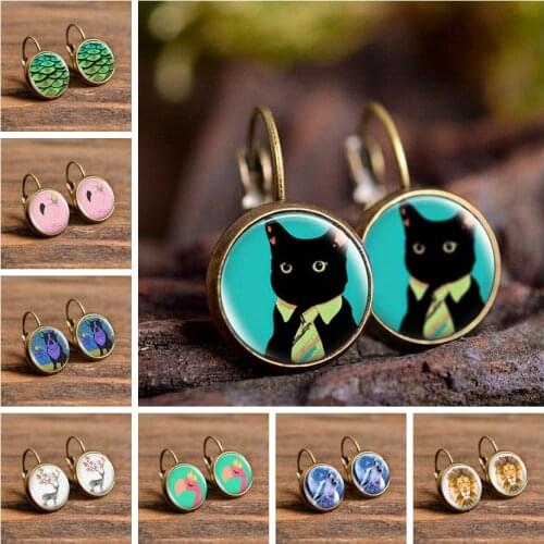 Trendy Glass Stud Earrings Elegant Women Earrings Cute Animals Pattern Charm Art Picture Earrings for Women Jewellery