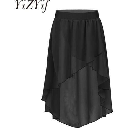 Kids Girls Ballet Skirts Dancewear High-Low Elastic Waistband Chiffon Skirt for Ballet Jazz Dance Studio Practice Performance