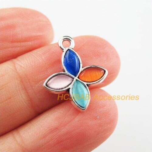 12 New Clover Flower Charm Colored Cat eye Stone Tibetan Silver Pendant 15.5x18mm