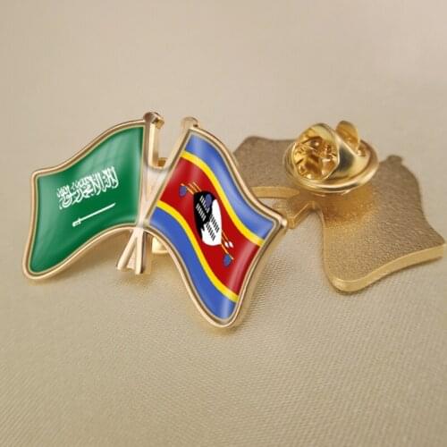 Saudi Arabia and Swaziland Crossed Double Friendship Flags Lapel Pins Brooch Badges