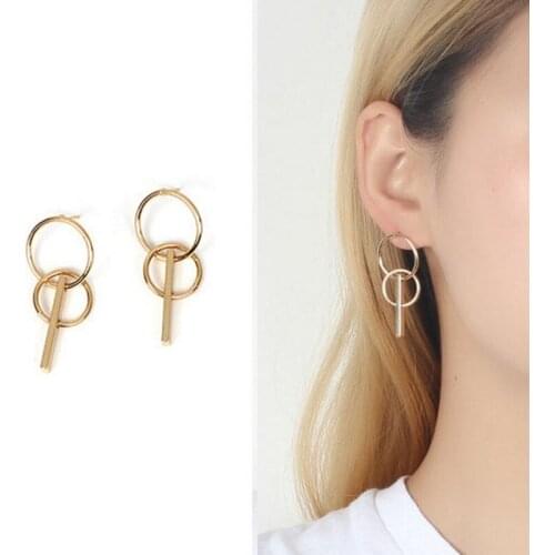 Cute Korean Hollow Geometric Double Round Circle Stud Earrings for Women Simple Metal Earing Girls Ear Jewelry Gift RY78