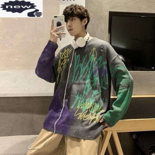 Hip Hop Streetwear Couple Autumn Winter Sweaters Personality Hole Ripped Graffiti Long Sleeve O-Neck Loose Fit Unisex Pullovers