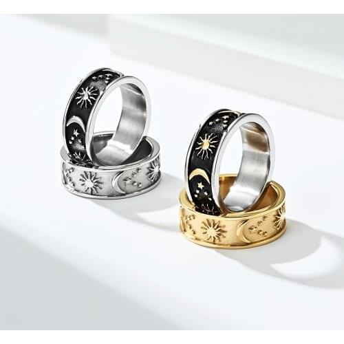 Vintage Couple Stars Moon Charm Ring Stainless Steel Gutta Percha Rings Women Men Fashion Jewelry Accessory Gifts
