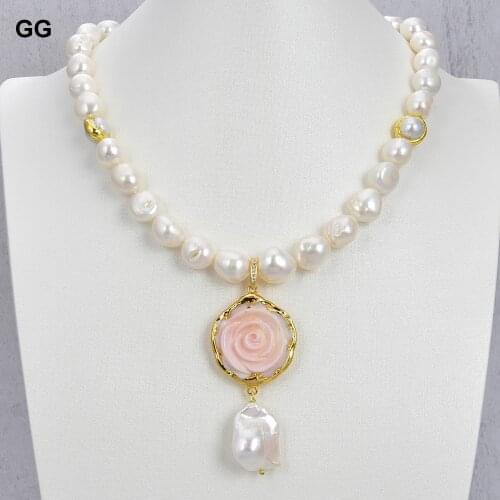 GuaiGuai Jewelry Natural Cultured White Keshi Baroque Pearl Necklace Pink Queen Conch Flower Keshi Pearl Pendant Necklace