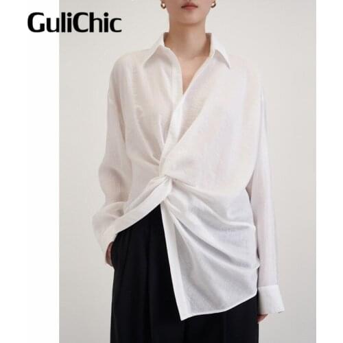 9.2 GuliChic High Quality Women Temperament Irregular Solid Color Fashion Long Sleeve Shirt Blouse